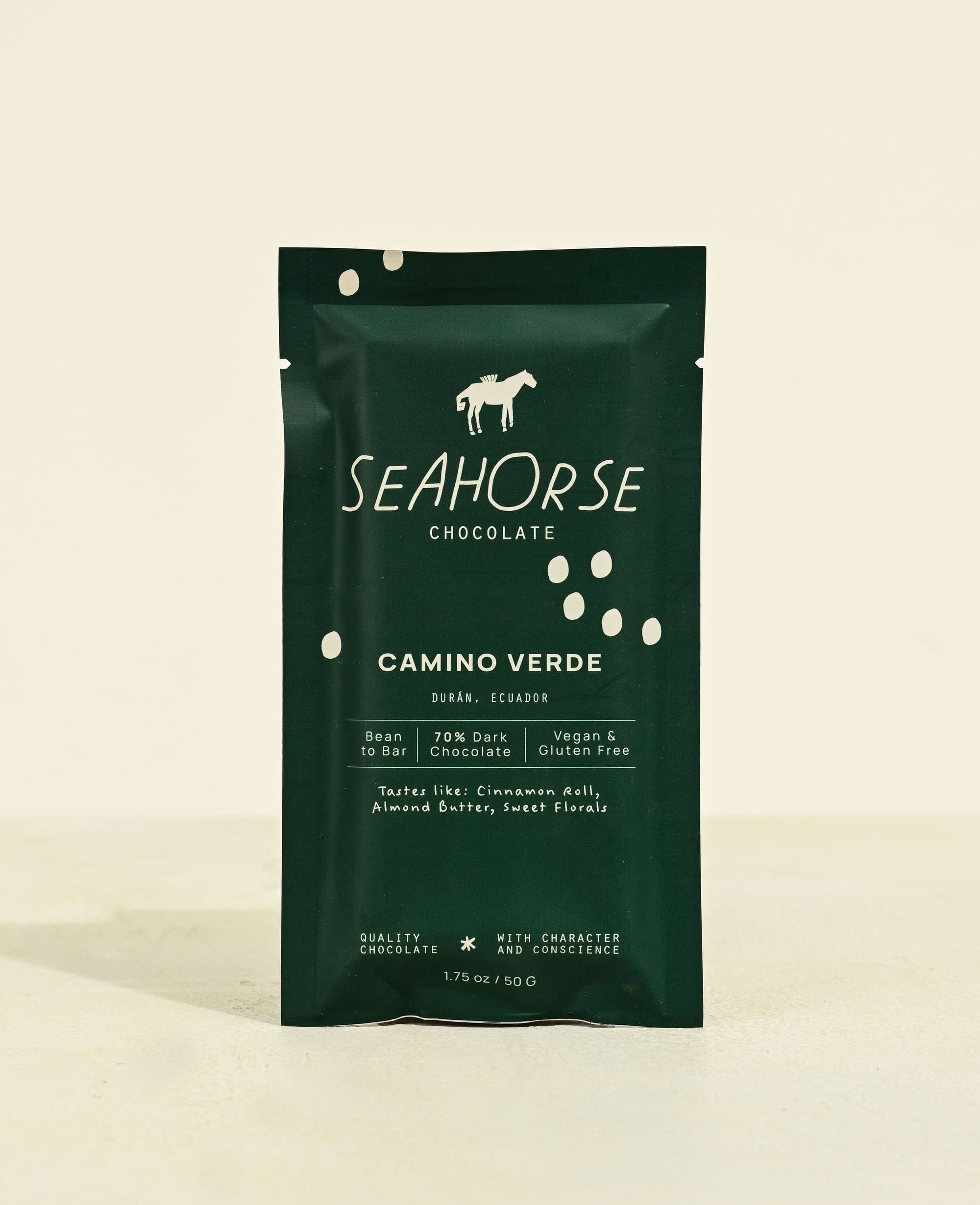 Seahorse Chocolate Camino Verde packaging on a beige background