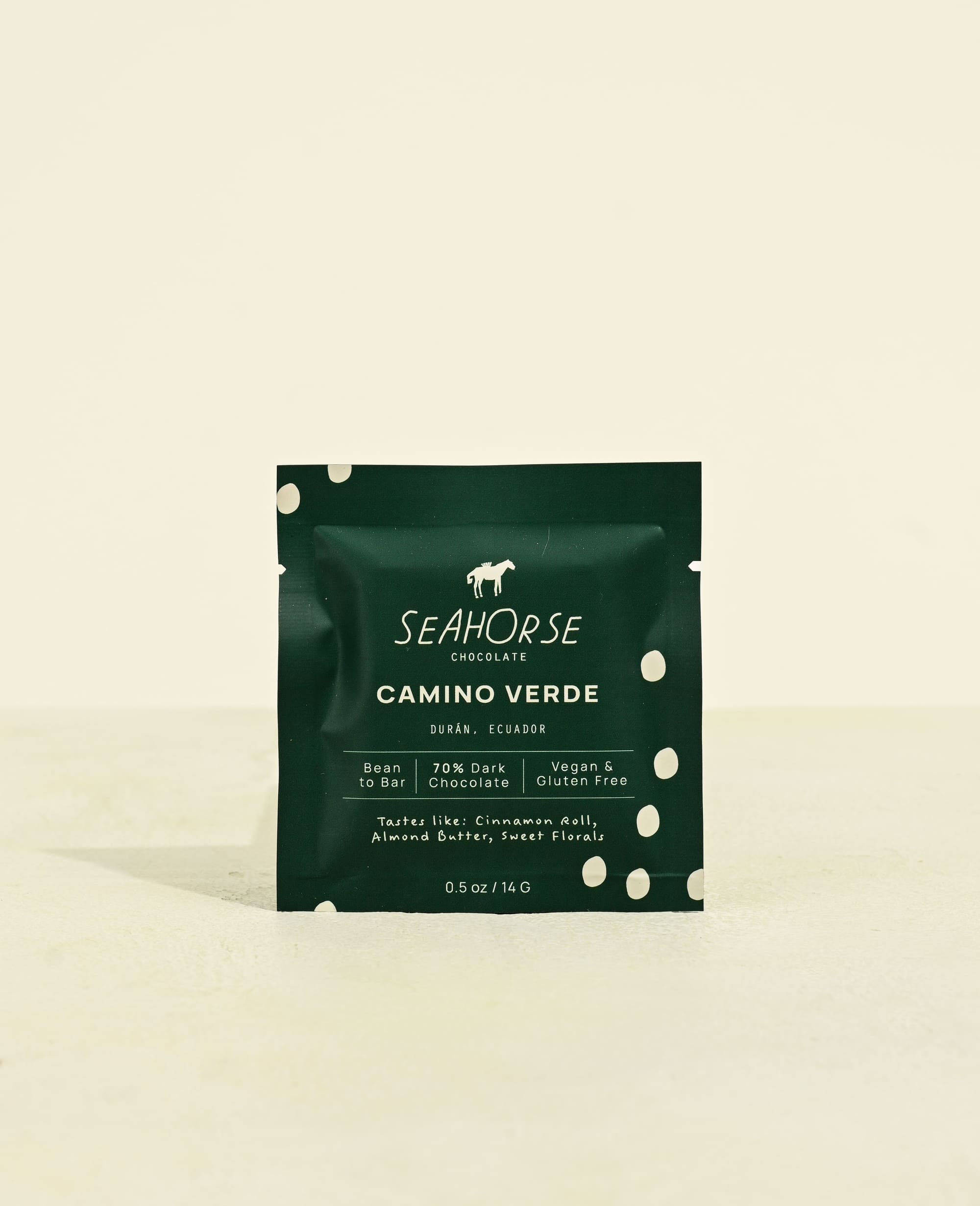 Seahorse Camino Verde chocolate bar packaging on a beige background
