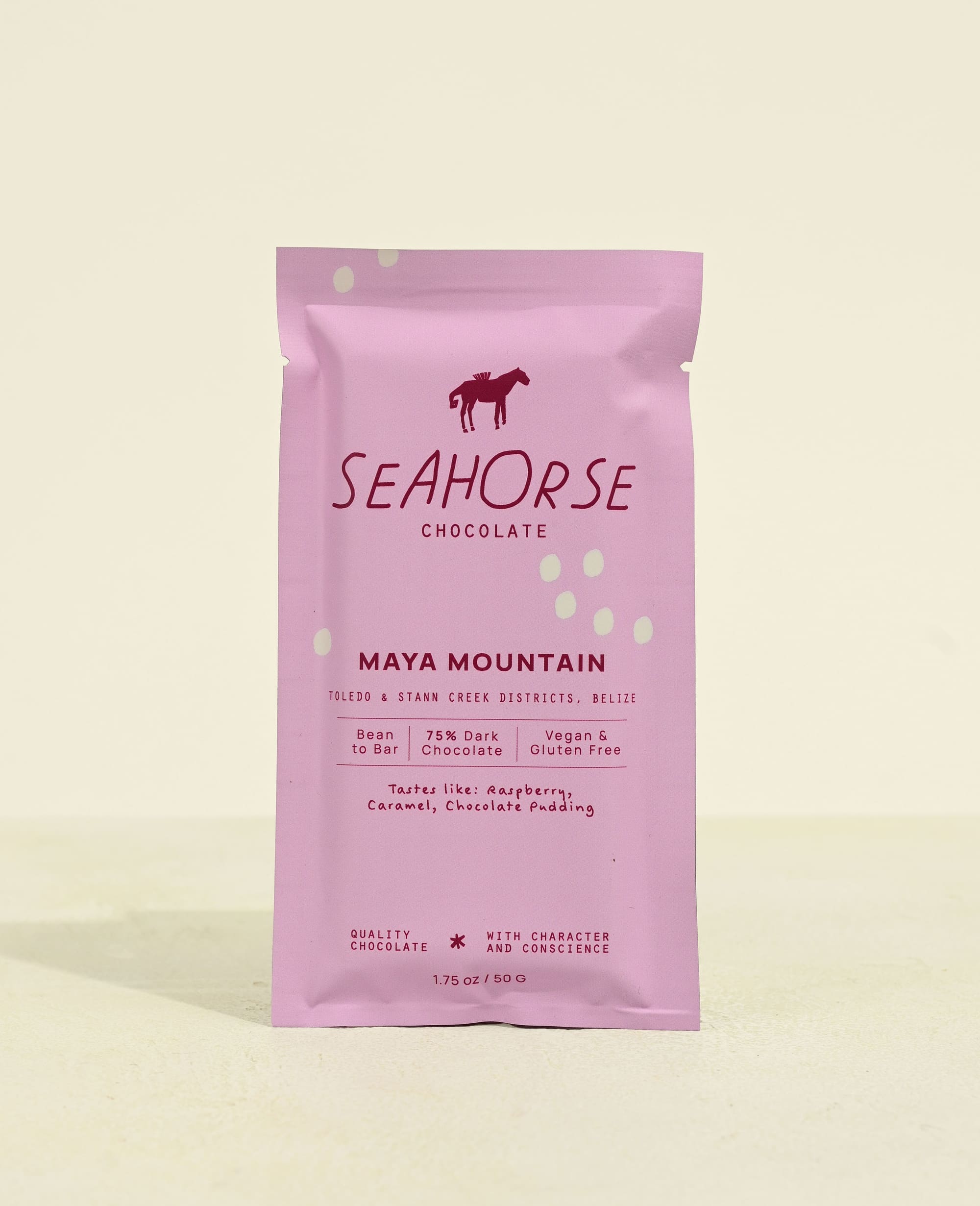 Seahorse Chocolate Maya Mountain packaging 1.75 ounce on a light beige background